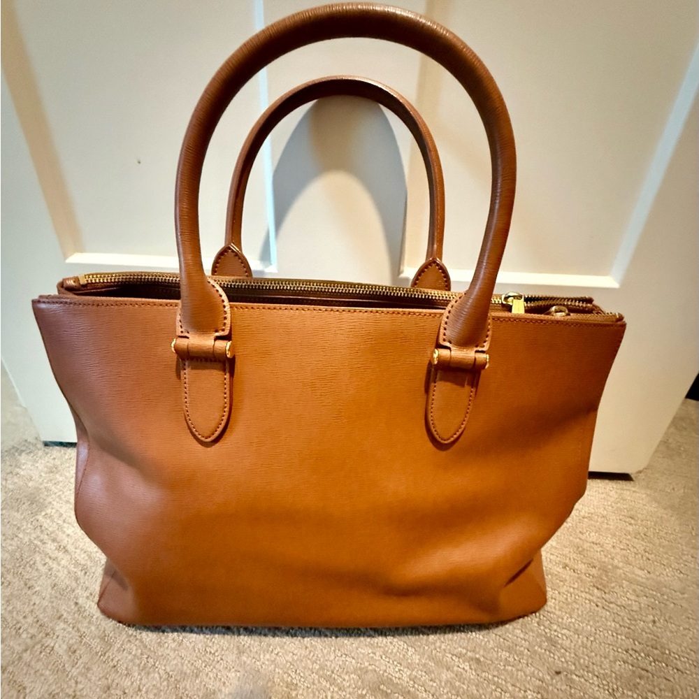 Ralph lauren chestnut brown bag in Saffiano leather with gold detail.
